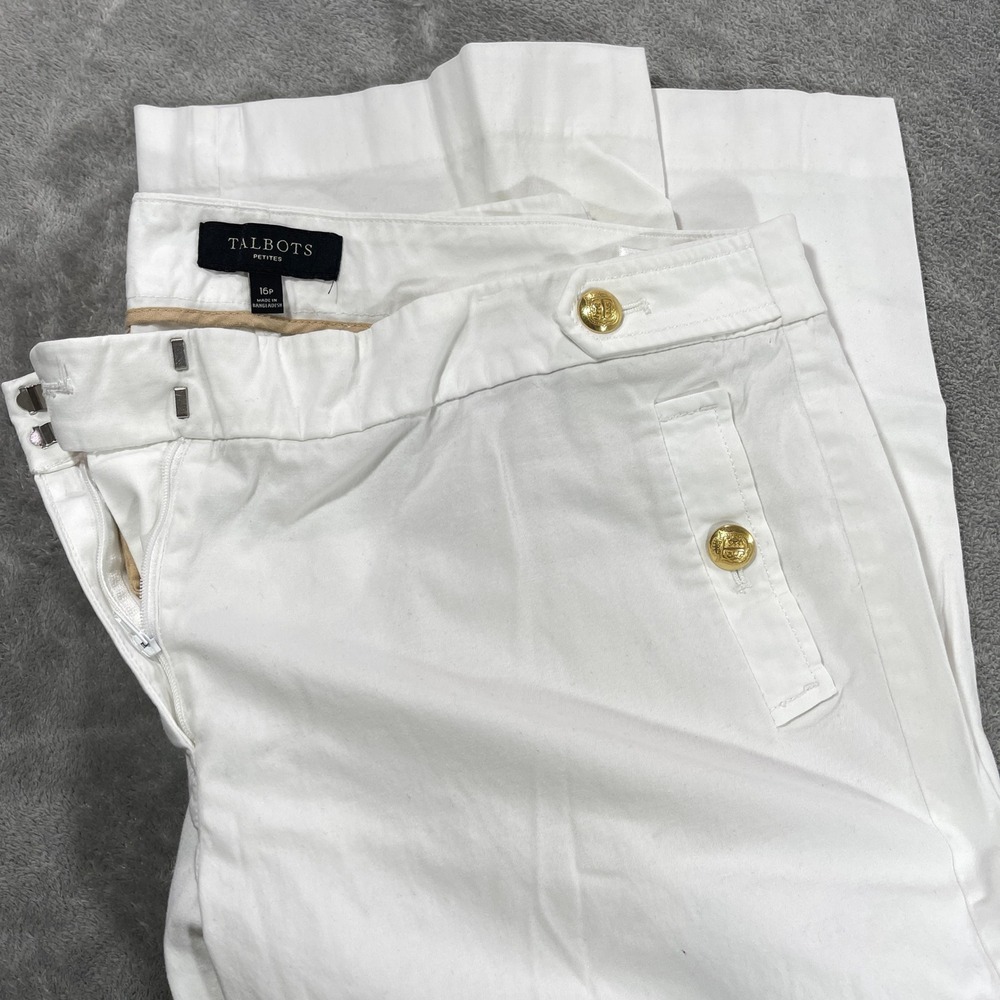 Talbots Cropped Pants Women 16P White‎ Nautical Gold Button Petites Cotton Blend